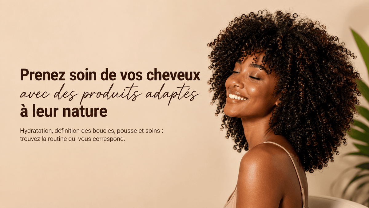 Femme aux cheveux bouclés avec une sélection de produits Dobiti Cosmetics